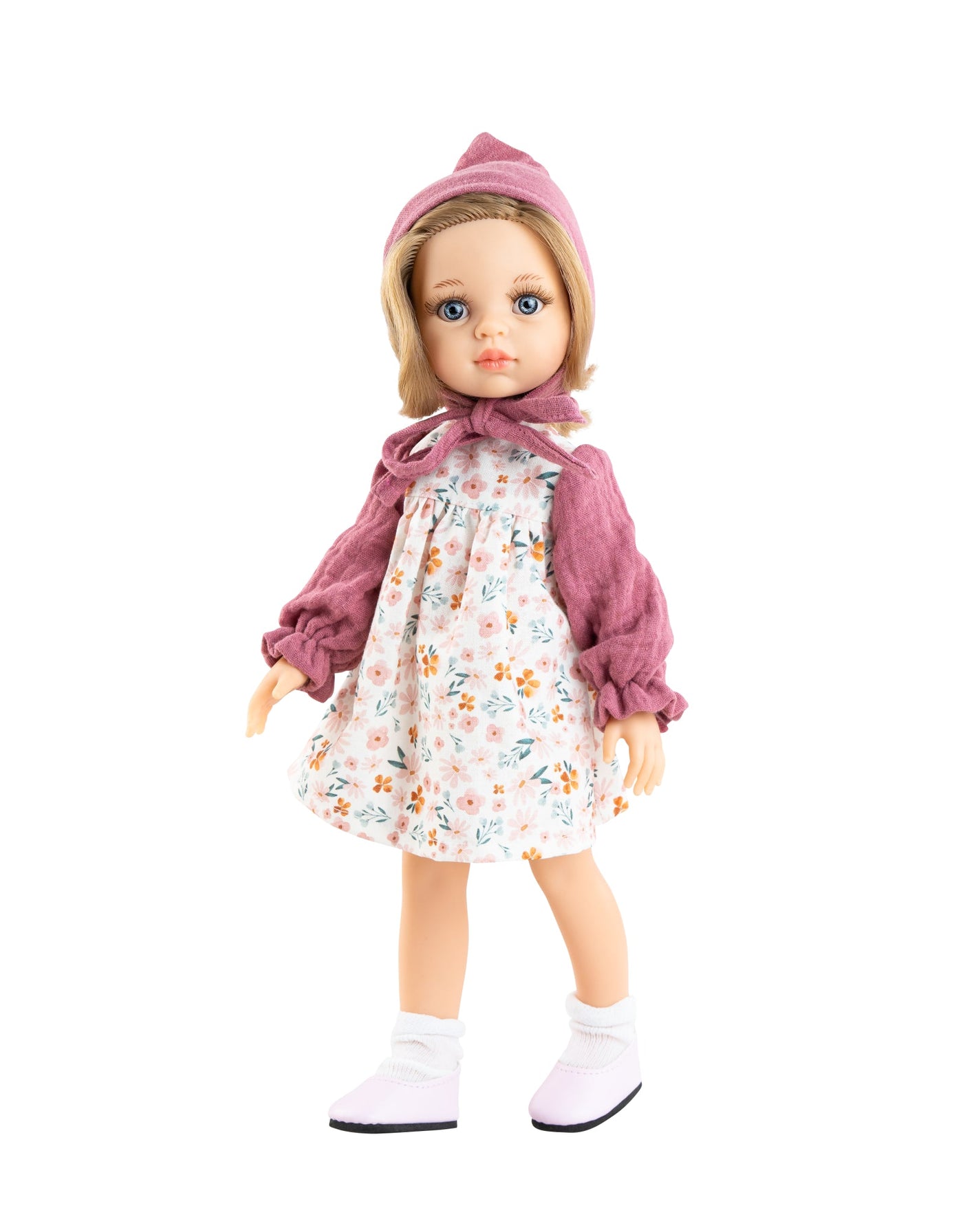 Poupée réaliste Las Amigas Clara avec robe fleurie et bonnet - Paola Reina