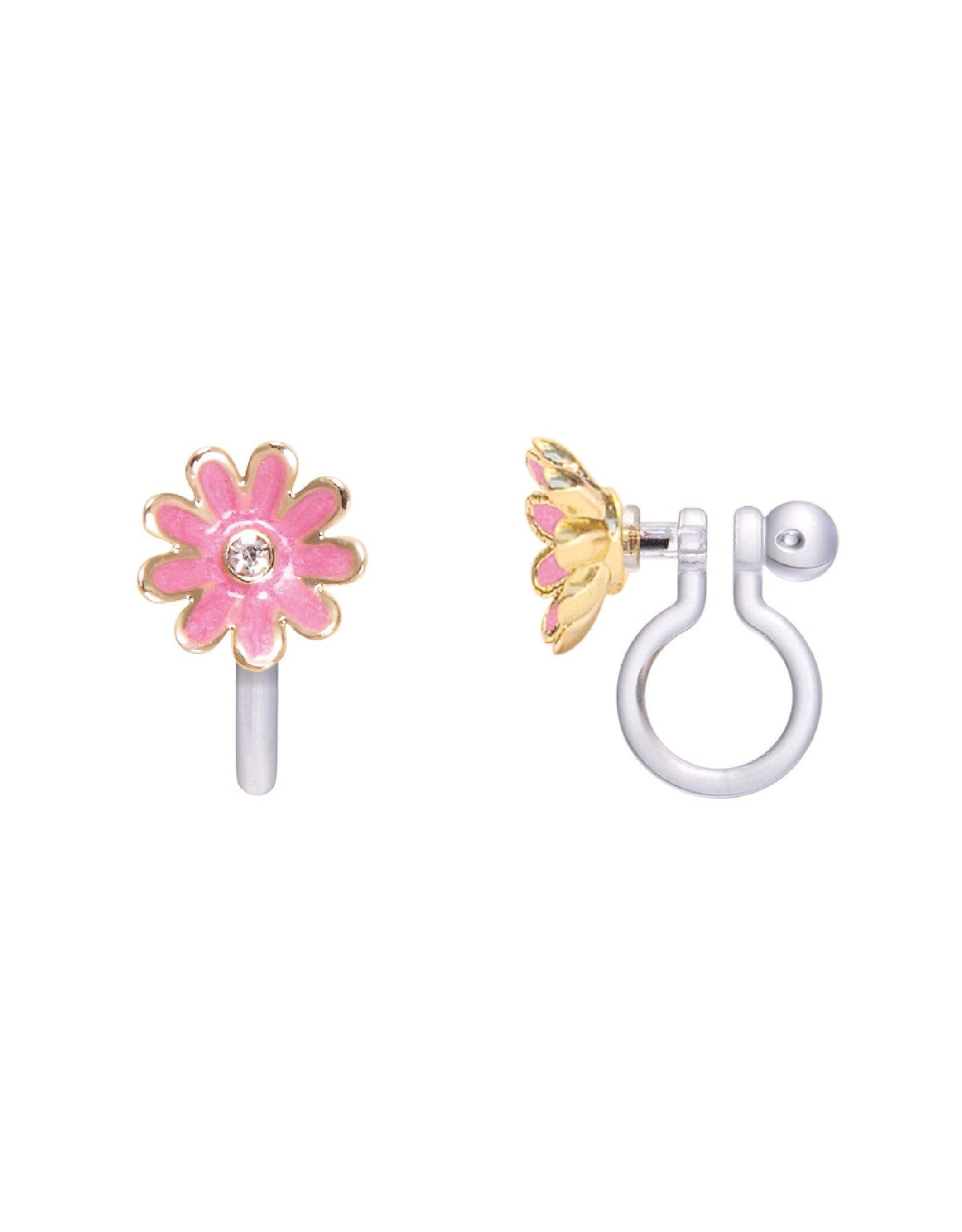 Boucles d'oreilles à clip en émail - Maguerite rose et diamant - Girl Nation