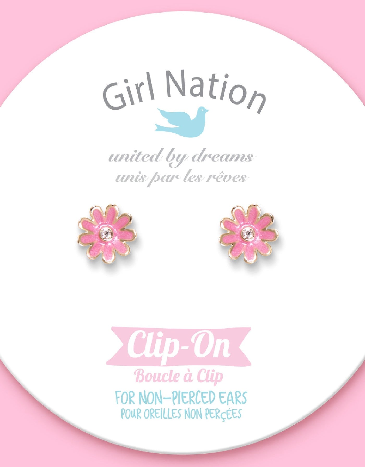 Boucles d'oreilles à clip en émail - Maguerite rose et diamant - Girl Nation