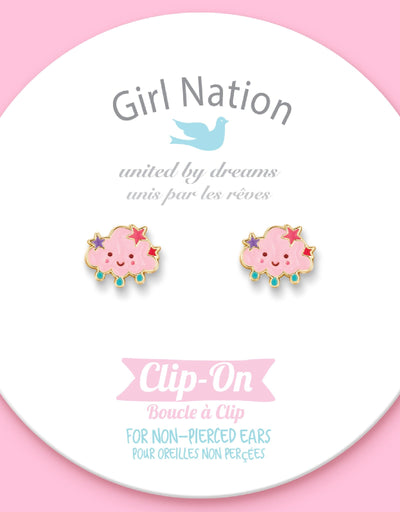 Boucles d'oreilles à clip en émail - Nuage rose avec étoiles - Girl Nation