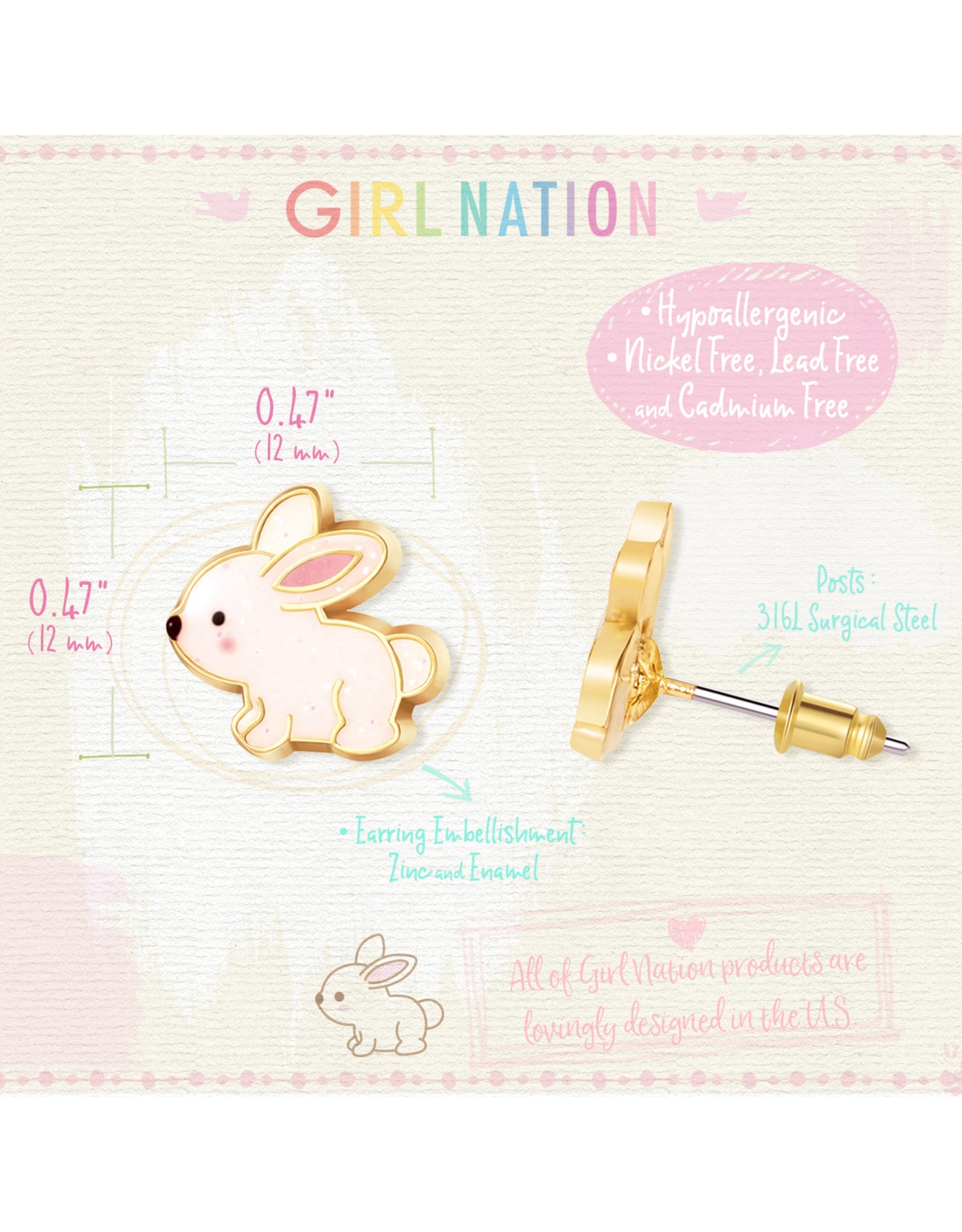 Boucles d'oreilles en émail - Lapin Brillant - Girl Nation