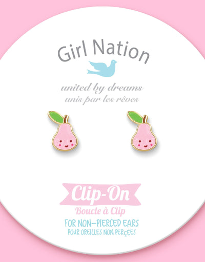 Boucles d'oreilles à clip en émail - Poire rose - Girl Nation
