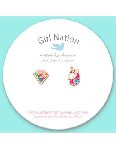 Boucles d'oreilles en émail - Mix licorne et diamant - Girl Nation