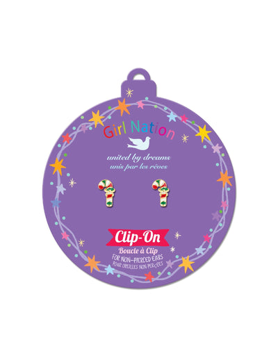 Boucles d'oreilles à clip en émail -Canne de Noël - Girl Nation