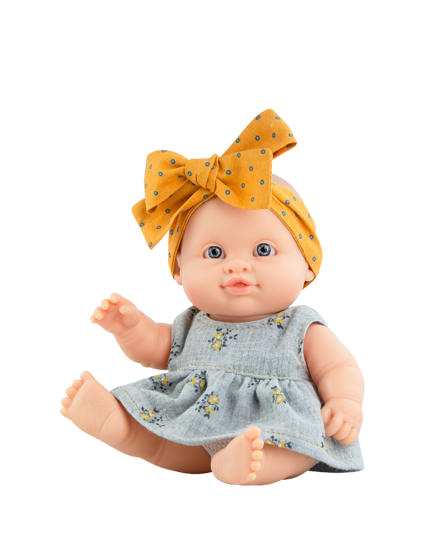 Peques doll - Irina with grey floral dress and mustard headband - Paola Reina
