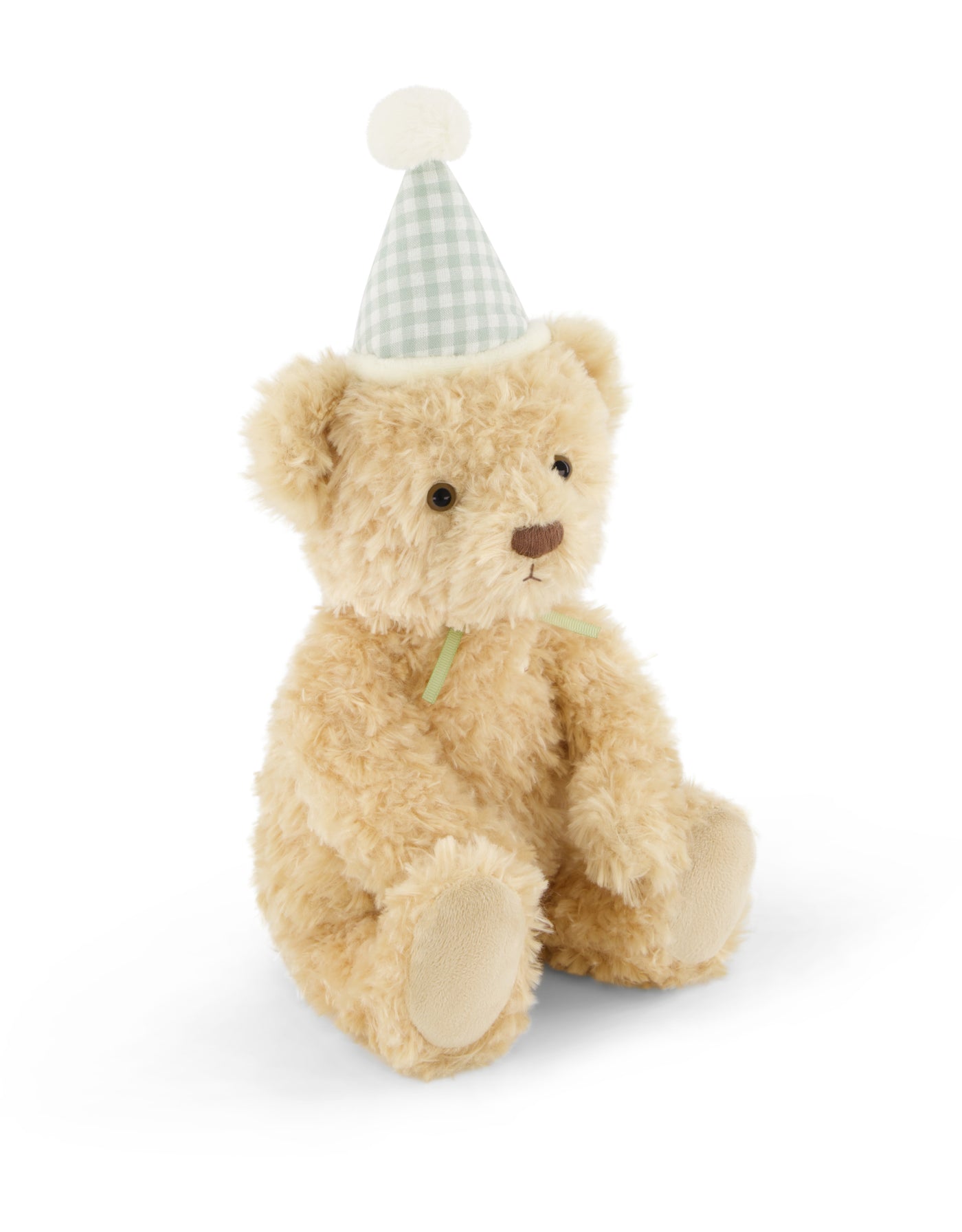 Peluche super douce Arthur l'ours d'anniversaire avec un chapeau de fête vichy sauge - Snuggle Bunnies | Veille sur toi