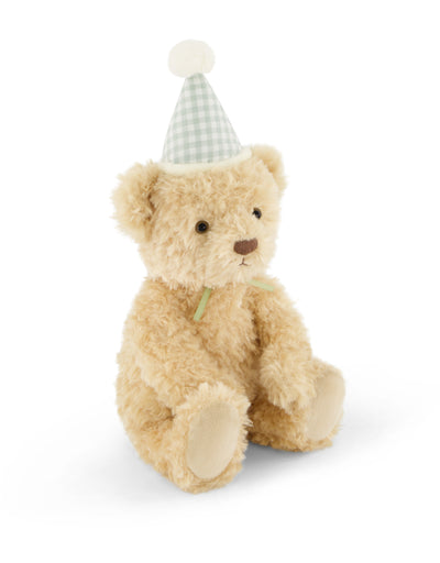 Peluche super douce Arthur l'ours d'anniversaire avec un chapeau de fête vichy sauge - Snuggle Bunnies | Veille sur toi