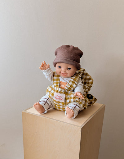 Porte-bébé en tissu pour poupée avec motif de vichy moutarde - Tiny Harlow | Shine on me