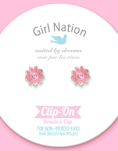 Enamel clip-on earrings (pack of 2) - Pink daisy and diamond - Girl Nation