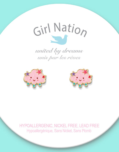 Boucles d'oreilles en émail (paquet de 2)- Nuage rose avec étoiles - Girl Nation
