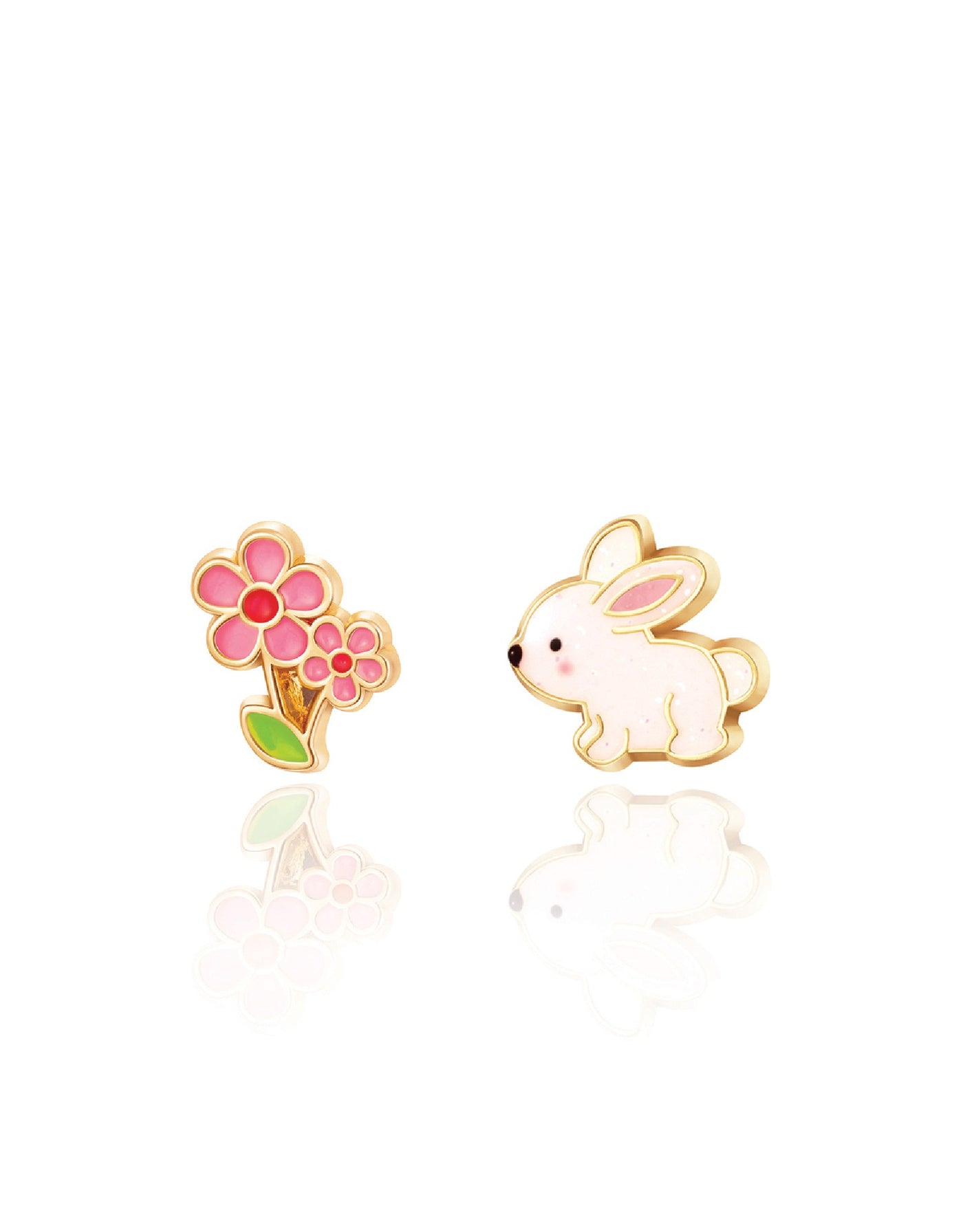 Enamel earrings (pack of 2) - Pink flowers and bunny - Girl Nation