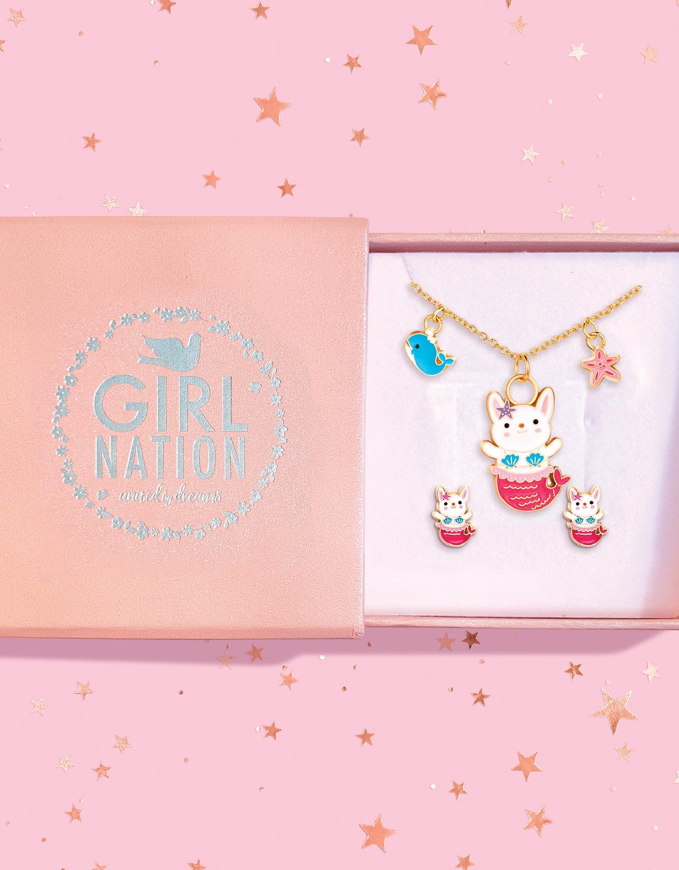 Fantasy necklace and earrings gift set - Pink mermaid bunny - Girl Nation