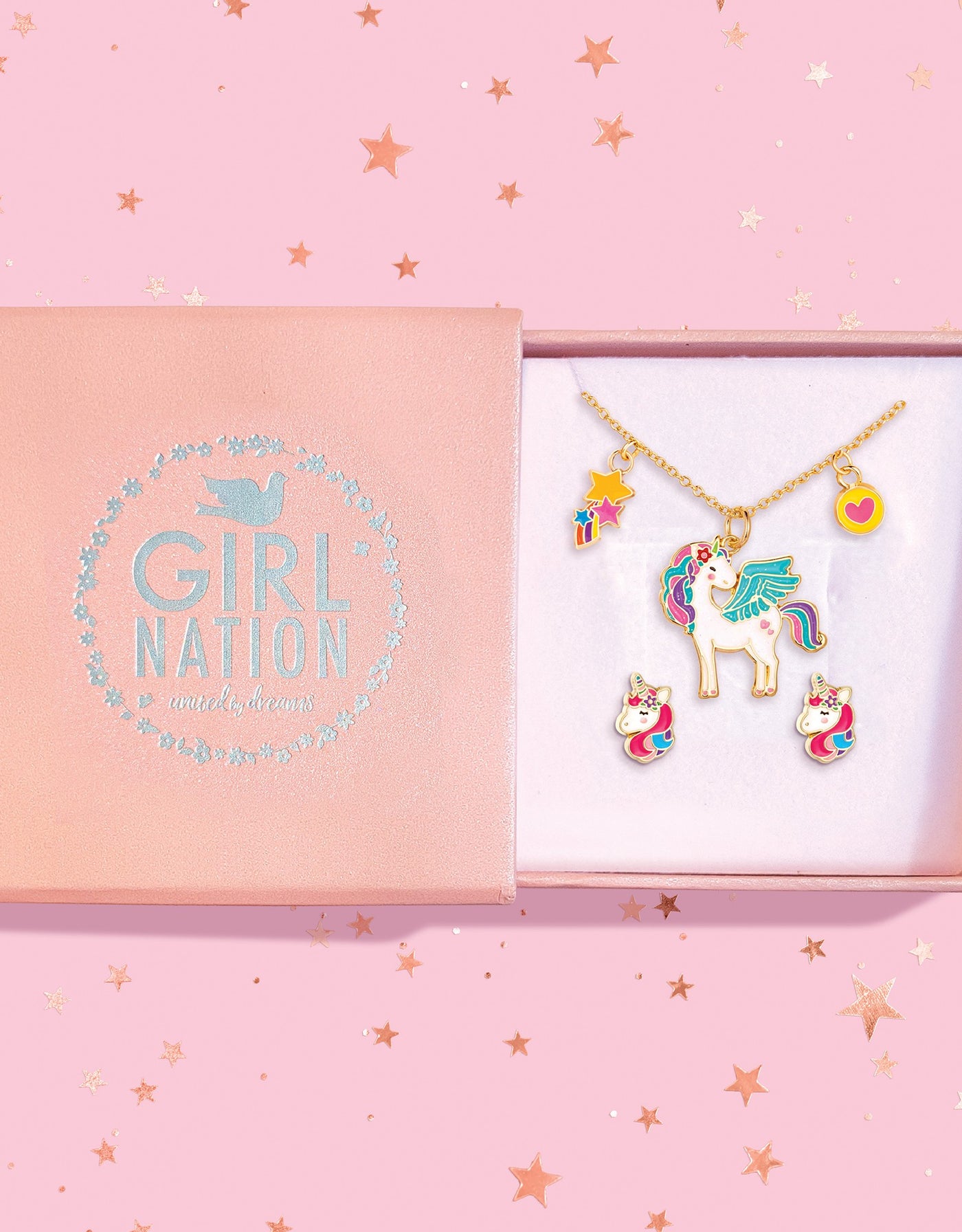 Fantasy necklace and earrings gift set - Unicorn and glitter flower - Girl Nation